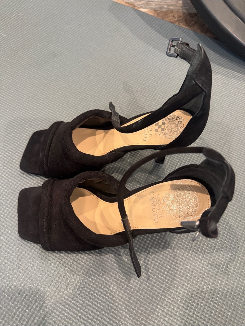 Vince Camuto Black Suede Square-Toe Ankle Strap Heels